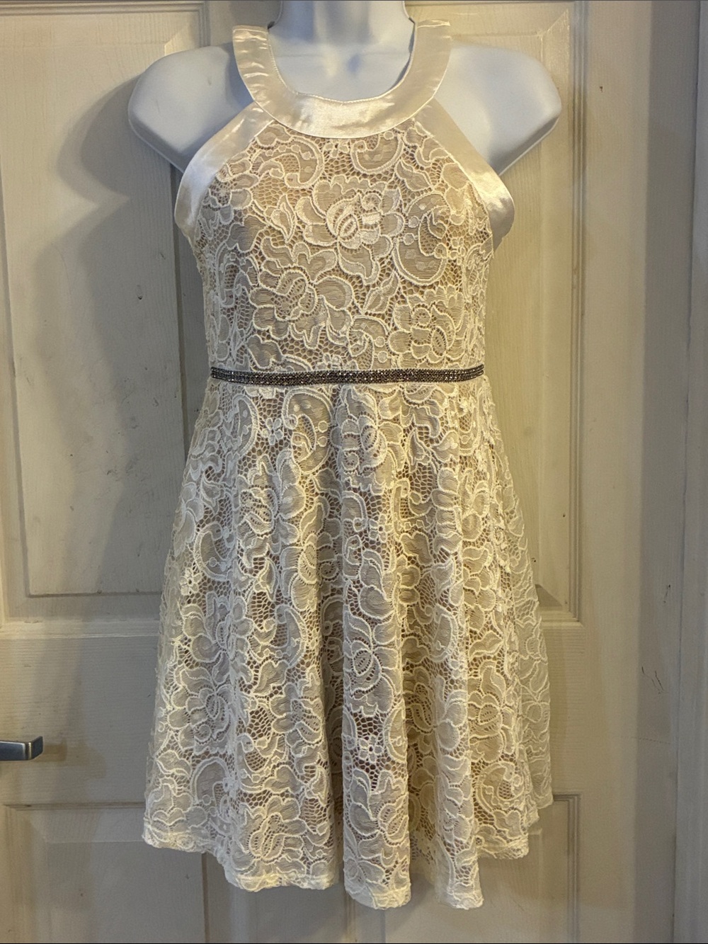 Crystal Doll Ivory Lacey Halter Dress with Jeweled Waist, Size: 12